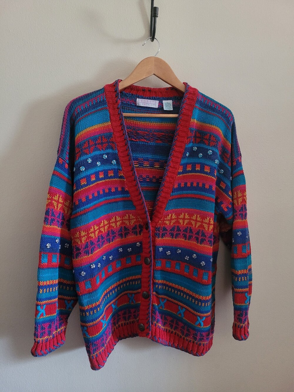 Segrets Colorful Vintage Chunky Cardigan Sweater, Women's L, Red & Blue Pattern